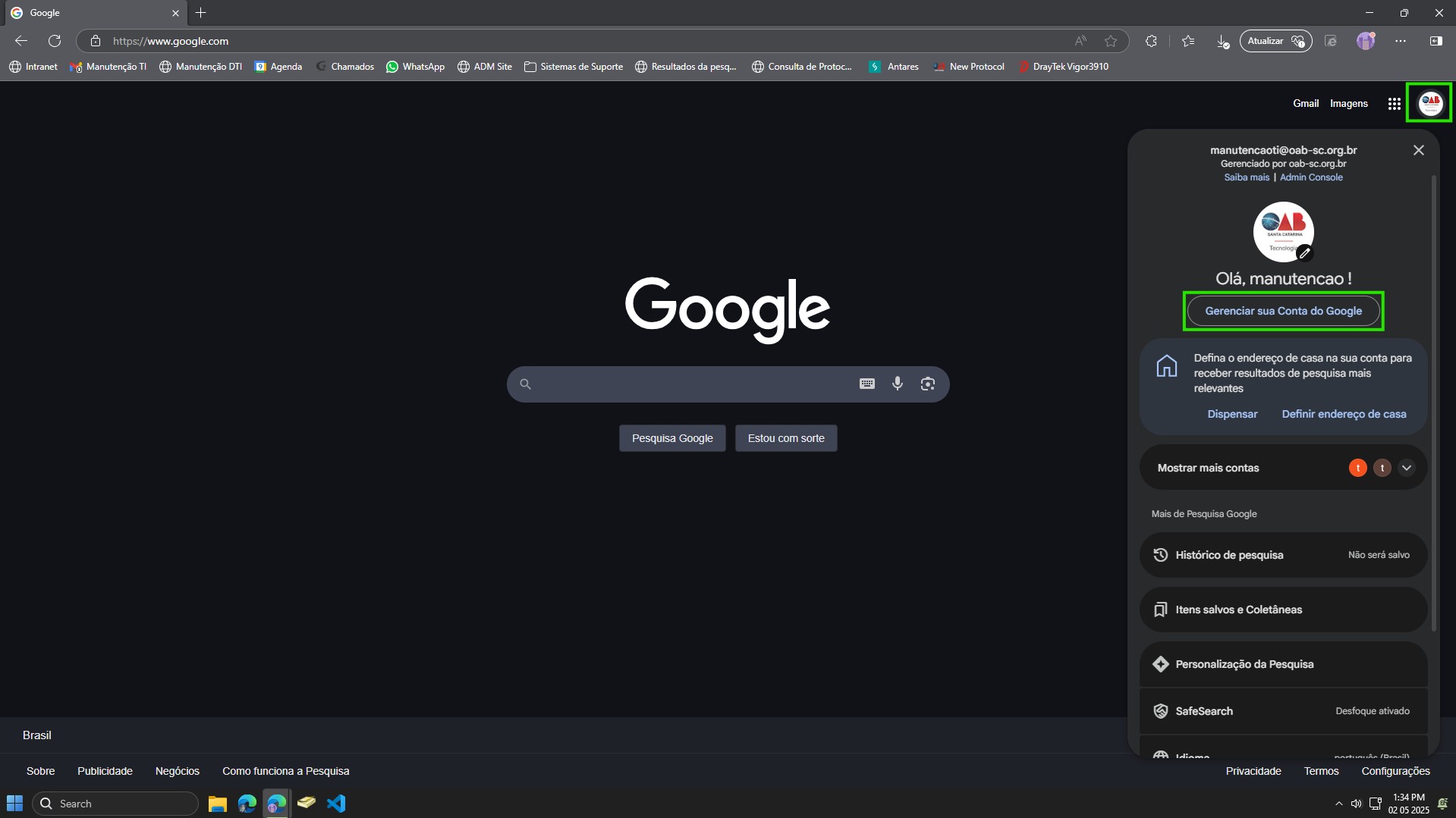 Tela inicial da conta Google