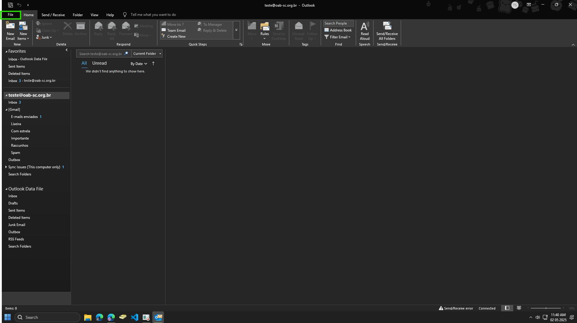 Abrir Outlook e clicar em Arquivo